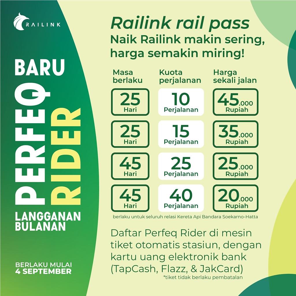 KAIBandara's tweet photo. Travellers, buat kamu yang sering bepergian naik #KABandaraSoetta untuk bisnis atau traveling, yuk langganan promo #perfeqrider!
Perjalananmu bakal lebih hemat, cepat dan nyaman dengan KA Bandara.
#Promoprogram #promo #tiketmurah https://t.co/wXOvcXhfiS