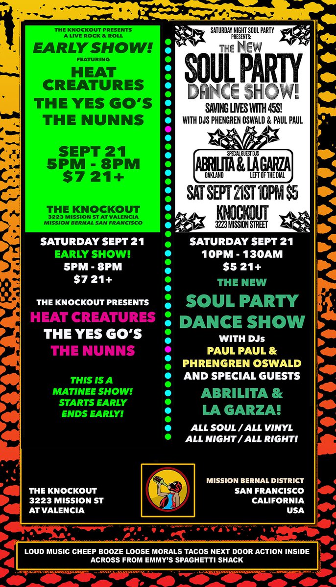 knockoutsf's tweet photo. Part 2 : This Week at @knockoutsf
#freestuff #happyhour #livemusic #bayarearock #soul #danceparty #drinksandrecords #karaokesf #simpsonstriviasf #dothebay #knockoutsf https://t.co/bQTYZaiiEc