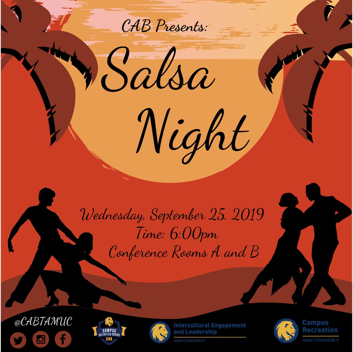 CABTAMUC's tweet photo. It takes two to Tango! So grab a friend and come to the Conference Rooms September 25th at 6:00pm for Salsa Night with CAB. There will be free food, music, and fun! #Tamuc https://t.co/RnBppFyPut