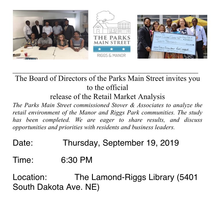 Attention #ManorPark and #RiggsPark residents and business owners: You are invited to join us for a #communitydiscussion of <a href="/TheParksMainSt/">The Parks Main Street</a> Retail Market Analysis on Thursday, September 19 at 6:30PM at the Lamond-Riggs Library. RSVP: 2027745542 or info@theparksmainstreet.org.
