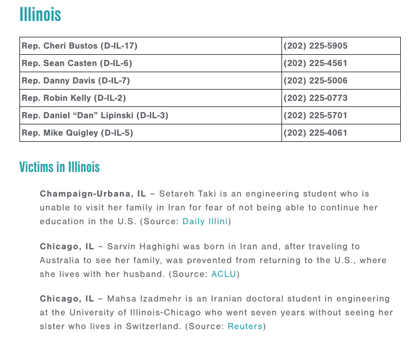 MuslimAdvocates's tweet photo. @RepRobinKelly @CheriBustos @RepDannyDavis @RepLipinski @RepMikeQuigley @SeanCasten A Chicago woman is stranded in Australia and can't see her husband because of the ban.
A @UofILSystem student can't go home to visit her family.
Another @UofILSystem has gone 7 years without seeing her sister.
These #ILDemocrats should co-sponsor the #NoBanAct today! https://t.co/qwR6J8His7