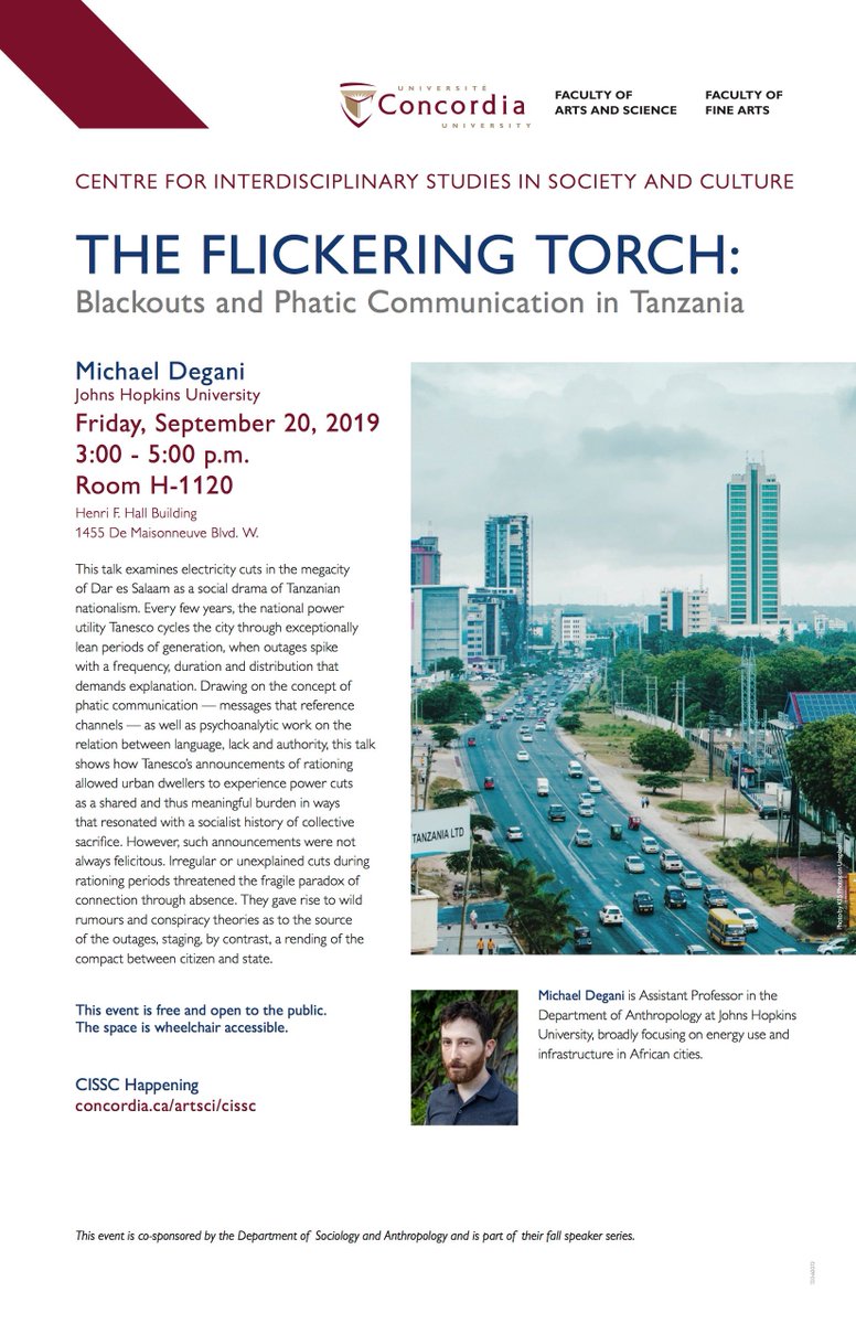 CISSC_CU's tweet image. Our #African Studies Working Group is hosting a public talk this Friday (09/20), 3-5 pm, &quot;The flickering torch: blackouts and phatic communication in Tanzania&quot; by Michael Degani (John Hopkins) in H-1120! bit.ly/2mfOTaY.

#cissc #huma @Amy_R_Poteete @nicole_desilva