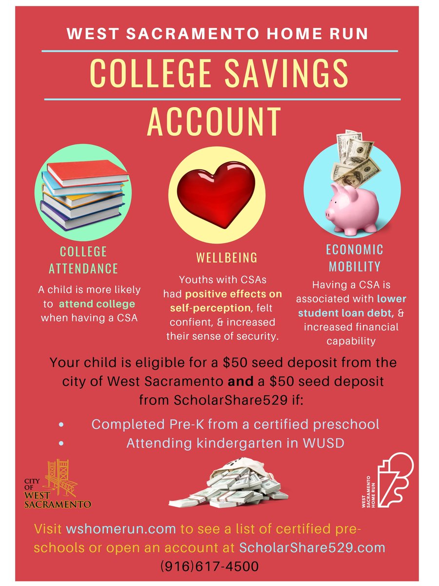 cityofwestsac's tweet photo. Wondered about additional benefits of a College Savings Account (CSA) other than saving for higher education? Check out the informational flyer our #WestSacHomeRun created and start saving today! 🐖💵

@WUSDK12 
https://t.co/FbsqrFXb6z 
https://t.co/mH0XXzUXFu https://t.co/gpL3bCOKdz