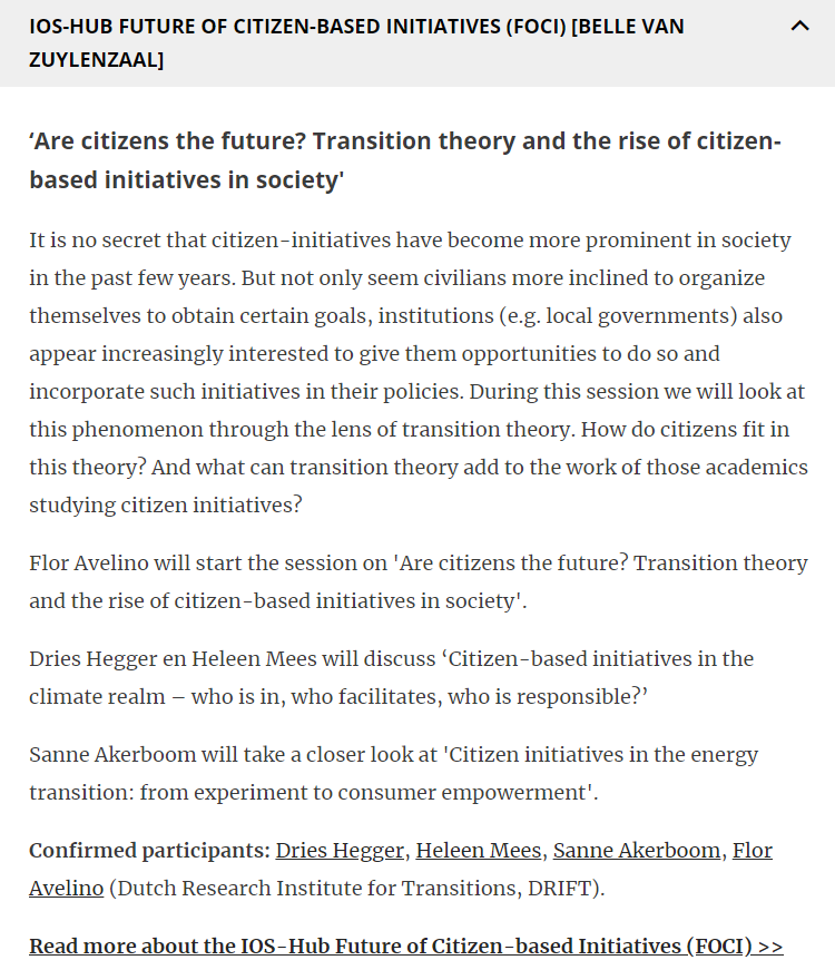 FlorAvelino's tweet image. What can #transitiontheory add to research on #citizeninitiatives? Interesting @UniUtrecht #iostoogdag session on #energytransitions #sustainability #societaltransitions. My slides on #transformativesocialinnovation are now online: slideshare.net/secret/nZsjiOT….