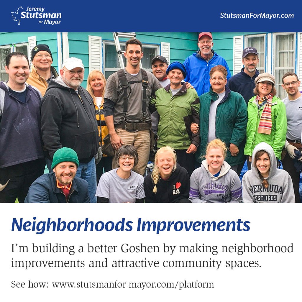 I love this city and I’m building a better Goshen by making neighborhood improvements and attractive community spaces.

#stutsmanformayor #workingforgoshen #goshen #ilovegoshen #mayor #mayorlife #goshenmayor #ilovemyjob #smalltownusa #themaplecity #community #neighborhoods