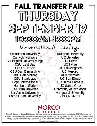 NorcoCollege's tweet photo. Transfer season is upon us! The Transfer Center is hosting a Transfer Fair on September 19th to help get you ready for your transfer journey! #thinktransfer https://t.co/OWEkOFKYQN