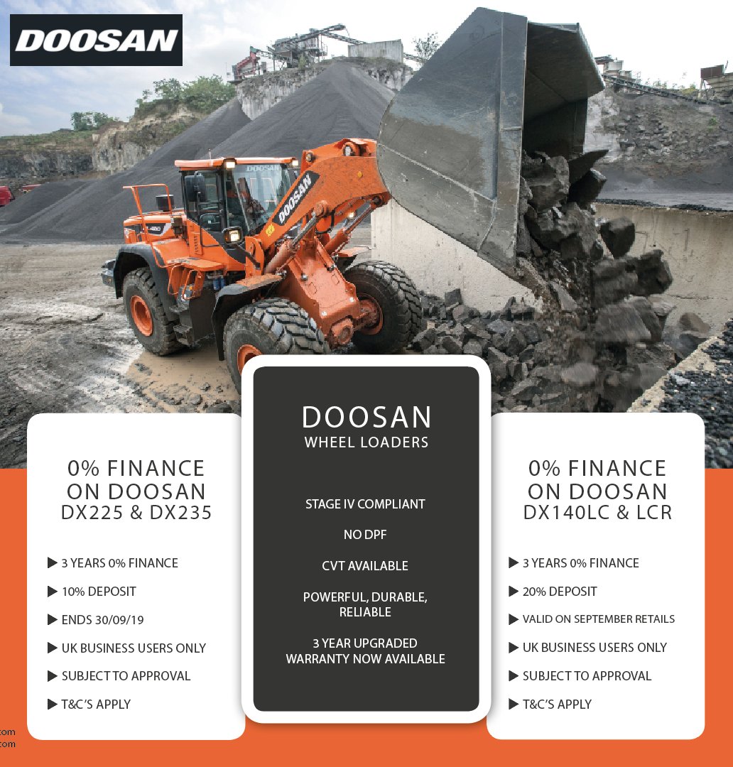 NorwestPlant's tweet photo. Fancy 0% #finance on the #Doosan #DX225 and DX235's !? How about 0% finance on the popular #DX140LC and LCR models ? Or a 3 year upgraded #warranty on the Doosan #WheelLoader range ? ๐ฑ Contact us for more info!! @DoosanEquipment https://t.co/td5P4LBlrb