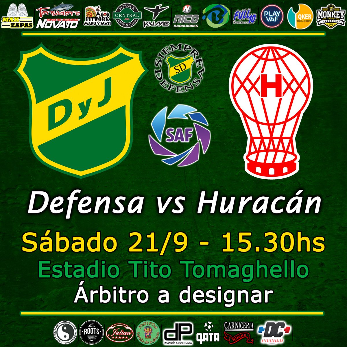 #PróximoPartido ✅

⚽️ #DefensayJusticia v #Huracán
🏆 #Superliga - Fecha 7

📆 Sábado 21 de septiembre
⏰ 15.30hs
🏟️ Tito Tomaghello
👨‍⚖️ A Designar

#VamosDefe 🦅