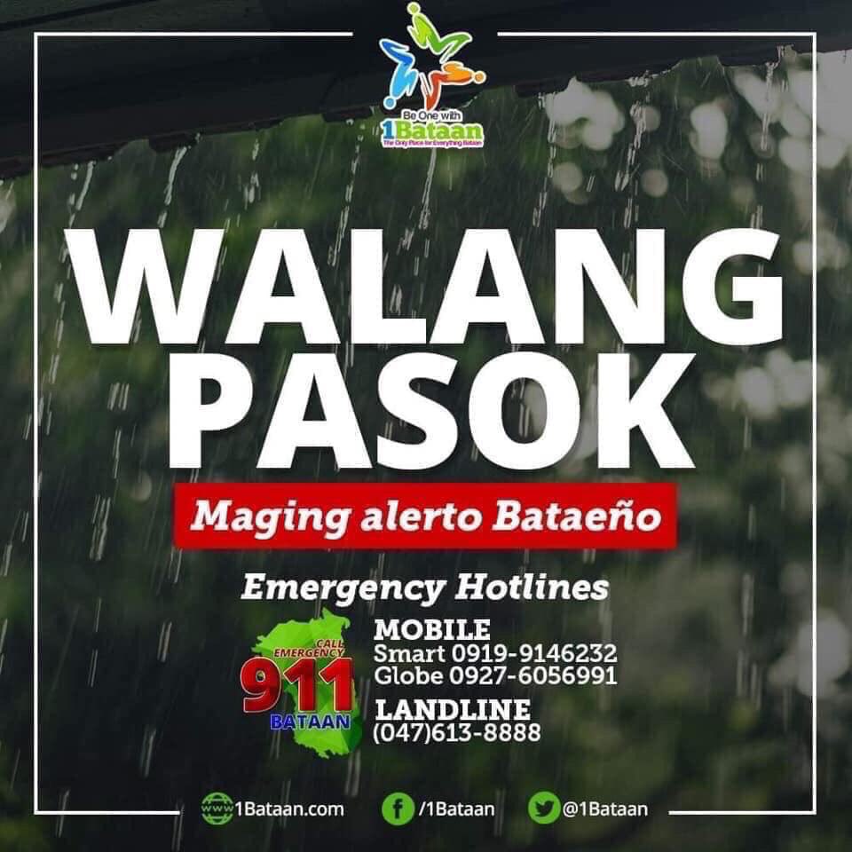 tps_ssg's tweet photo. #walangpasok
Due to the continuous threat of Habagat, classes on all levels, both public and private in the province of Bataan are suspended today, September 17, 2019. Please take all necessary precautions. Stay safe. ☝️ #1Bataan https://t.co/92SRZIcphR