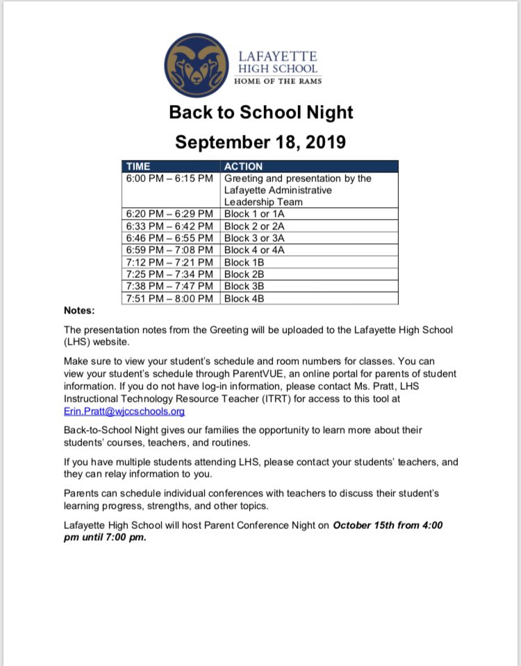 Here is the <a href="/lafayetterams/">LafayetteHS</a> Back-to-School Night schedule: #RamPride #EveryRamEveryDay