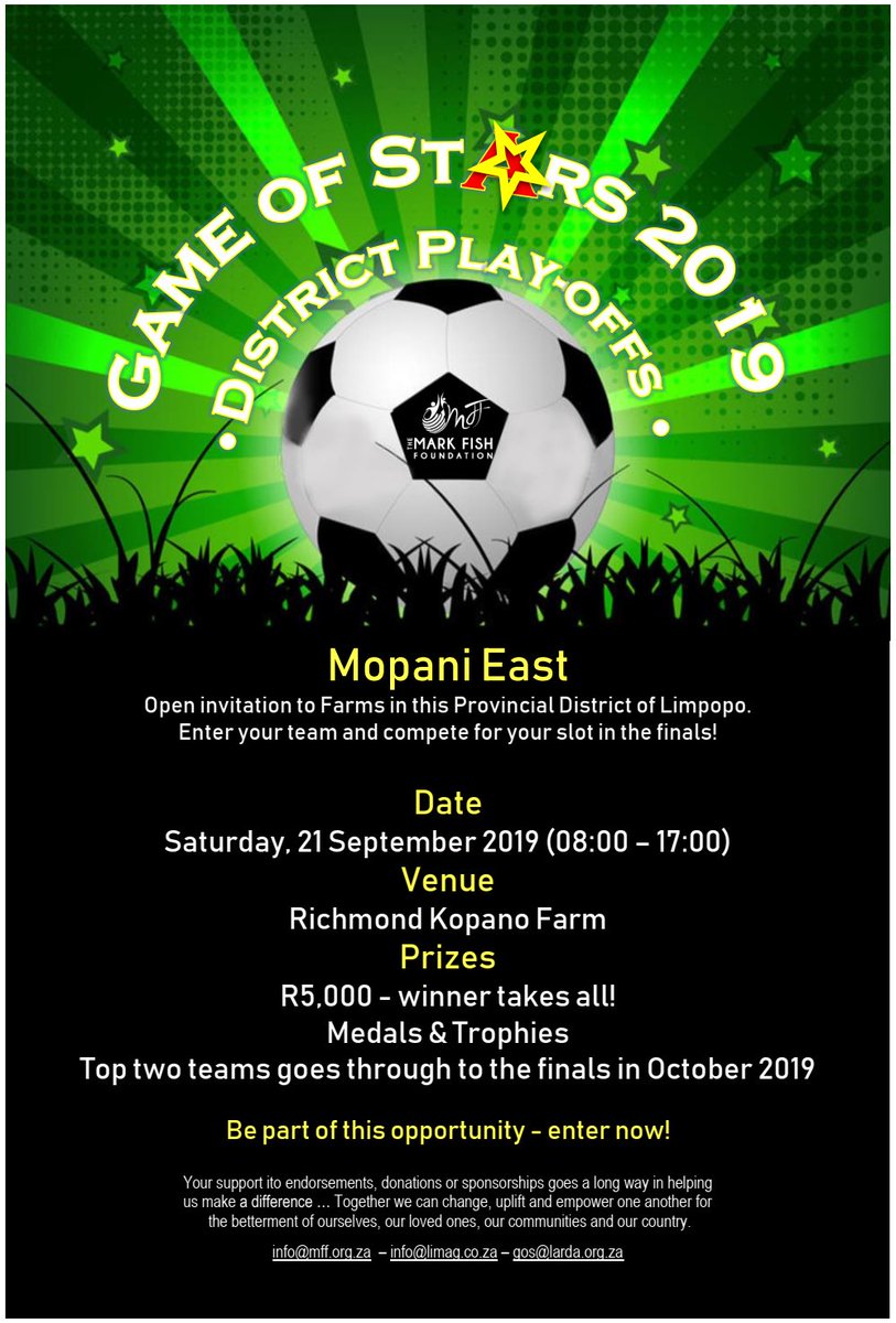MFFoundationNPC's tweet photo. #GameofStars Mopani East district play-offs. Looking forward to this weekend on the #RichmondKopano farm near Hoedspruit!! .... which farms will go through to the finals? β½οΈπβ½οΈ #PoweroftheBall #LetsPlay #RuralFootball @markfish74 @agri_limpopo @Saai_org https://t.co/7bsHzQZirT