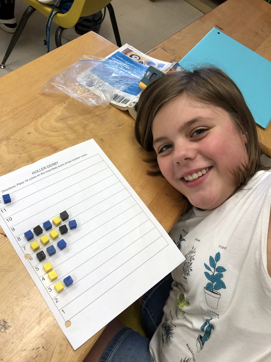 MrsCombsClass's tweet image. Last week 7th graders played Roller Derby and predicted the sum of 2 dice.  Do you think some sums are more likely than others?  18 cubes 18 rolls ... students got better with their predictions @CMSCardinals #theoreticalprobablility #experimentalprobability