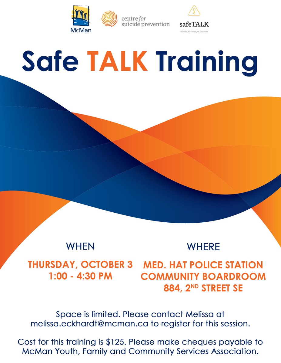 We're hosting another SafeTALK training on Thursday, October 3 in the Community Boardroom at the Medicine Hat Police Station! This training is open to the public so if you're interested in attending, please email Melissa at melissa.eckhardt@mcman.ca to register! Space is limited.