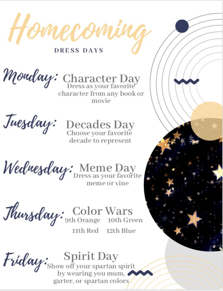Here are next weeks homecoming dress days! Please dress up and get creative 🧡💙 <a href="/SLHSpress/">SLHS Press</a>