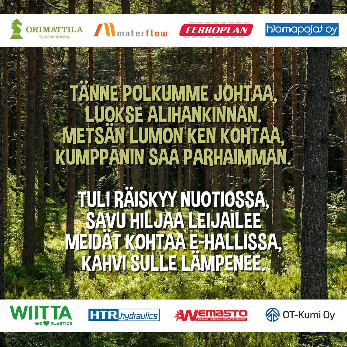 WiittaCom's tweet image. Ensi viikolla metsäilemme Alihankinnassa. Mitä tekemistä muovilla ja metsällä on keskenään? Rupatellaan siitä vaikka nuotiolla.

#alihankinta #messut #tampere #kuksa #metsä #muovi