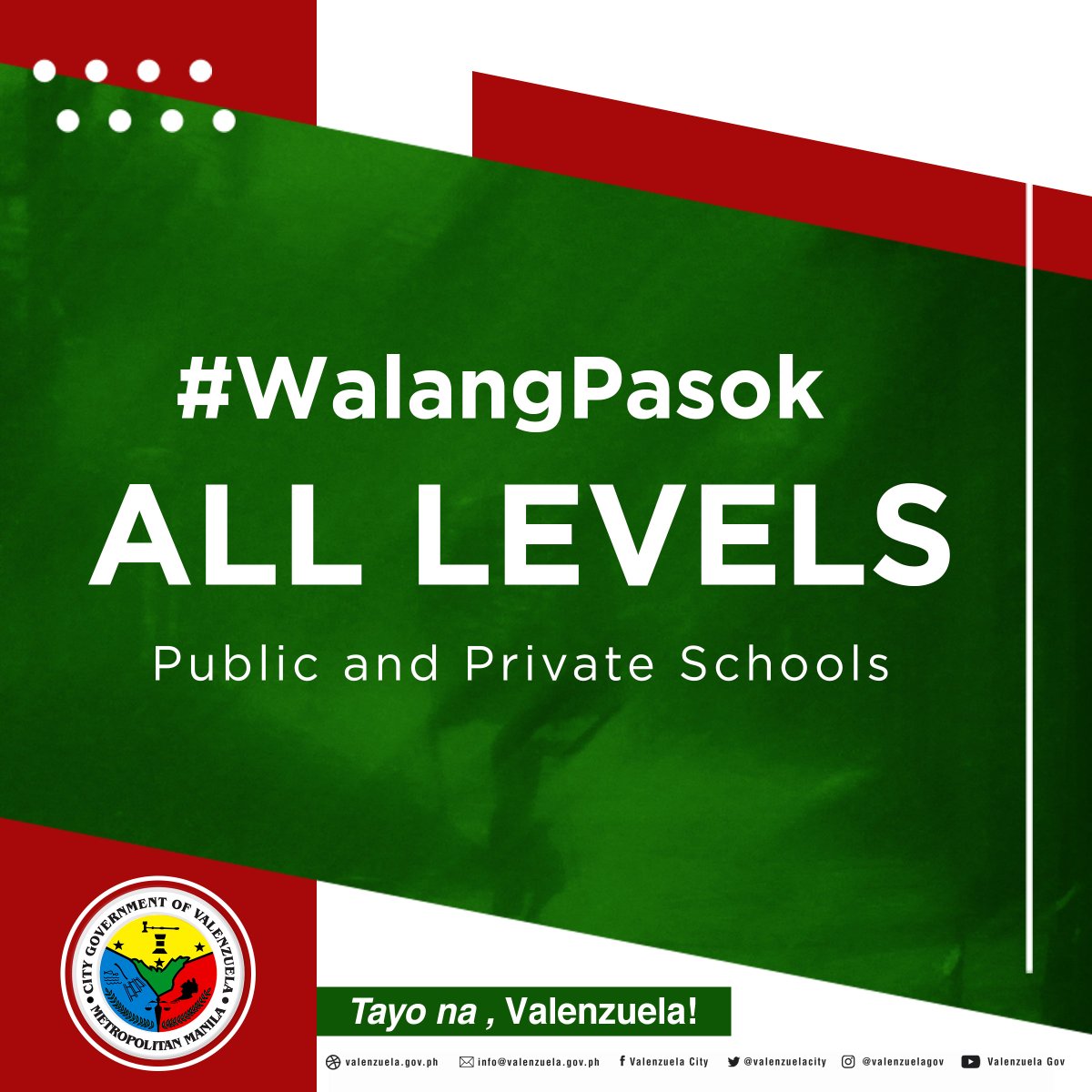 valenzuelacity's tweet photo. Mayor @rex_gatchalian declares suspension of classes in all levels, both public and private schools in Valenzuela City, today, September 17, 2019, due to forecasted inclement weather brought by monsoon rains.

All are advised to stay at home and be safe. #WalangPasok https://t.co/SLjdeXlssV