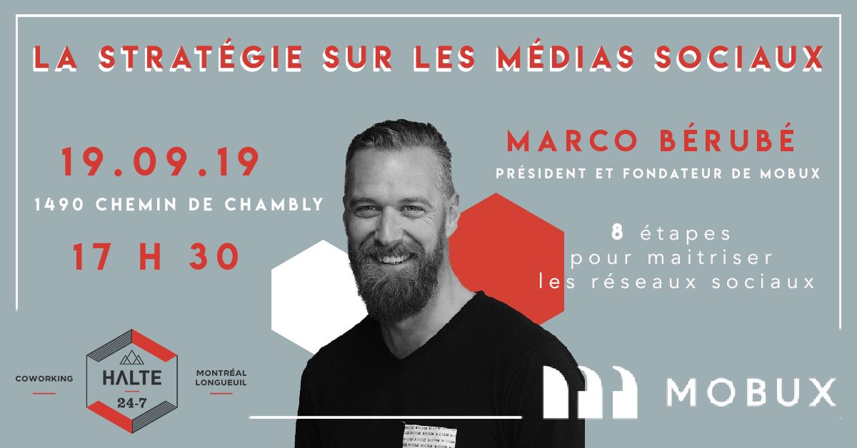 Conférence - stratégie sur les médias sociaux 👥
----------------------------------------------

Rejoignez nous jeudi prochain pour une conférence de Marco Bérubé dans le Lounge de Longueuil!

Pour en savoir plus cliquez sur notre événement:

👉🏻 facebook.com/events/4134913…