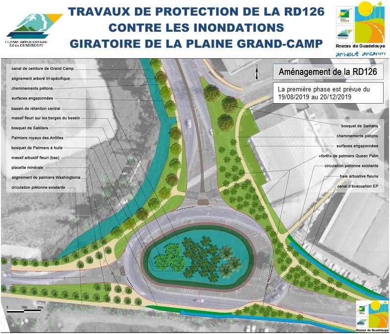 En finir avec les INONDATIONS, Travaux  réaménagement RD 126 Plaine de Grand-Camp/Lauricisque, Abymes Pointe-à-Pitre., durée 8 mois. objectifs:  sécuriser RD126, limiter le risque inondation, créer un cheminement piétonnier, vitesse maxi 30km au droit du chantier Prudence !