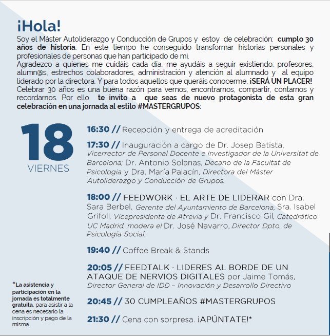 Anunciamos nuestro programa de la jornada 30 años liderando la conexión grupal, al que asistirán entre otros <a href="/saraberbels/">Sara Berbel Sánchez</a>, Joan Roca de <a href="/CanRocaCeller/">El Celler de Can Roca</a>, Isabel Grifoll Vicepresidenta de <a href="/Atrevia/">ATREVIA</a>, <a href="/JTOMASCAMPA/">JAIME TOMÁS CAMPÁ</a>, <a href="/PalacinMaria/">Maria Palacin Lois</a>