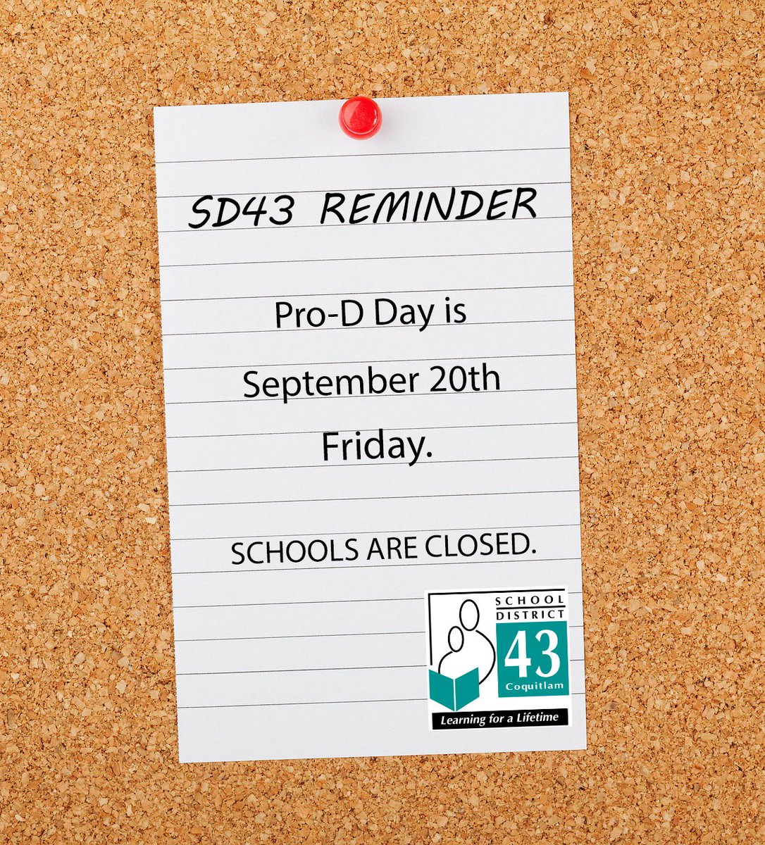 A friendly reminder that this Friday, September 20 is a District-wide Pro-D Day. Schools are not in session #SD43