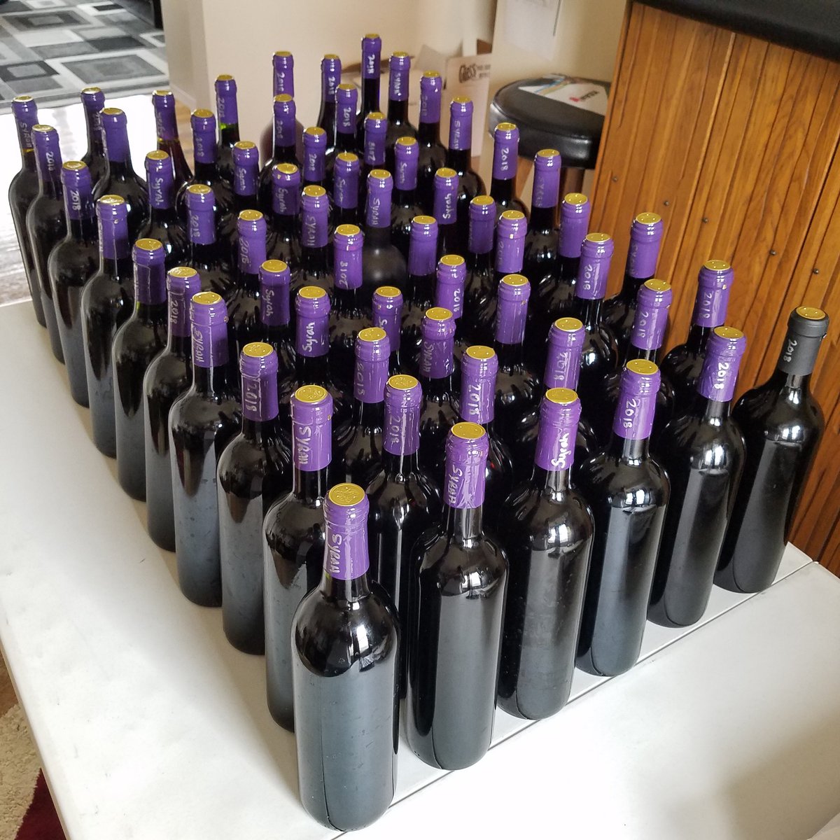 GrapeChasers's tweet photo. #2018vintage is in the books! 60.5 bottles of #Syrah. I can rest for a few weeks & then start all over again. What to make with the 2019 grapes? Decisions, decisions. #Cheers!🍇🏃♂️🍷🙂#wine #vino #winemaking #homemade #vitner #vigneron #winemaker #wset #vinification #2ndfloorwines https://t.co/434DplPtmX