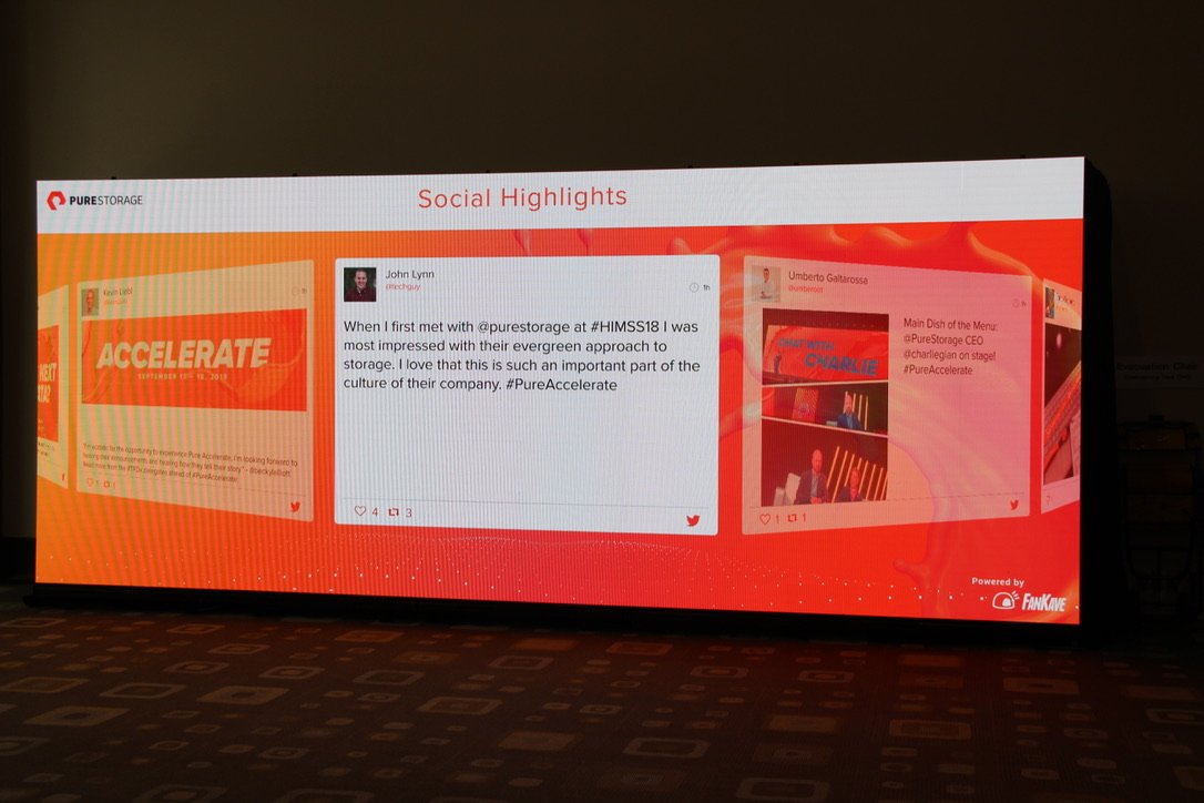 FanKave's tweet photo. First day at #PureAccelerate. FanKave's responsive Social Media Amplification experiences lighting up the LED walls. Who said resolution and screen sizes are barriers to engaging experiences. Thanks for the opportunity @PureStorage #wearefankave https://t.co/8SafsFffRx
