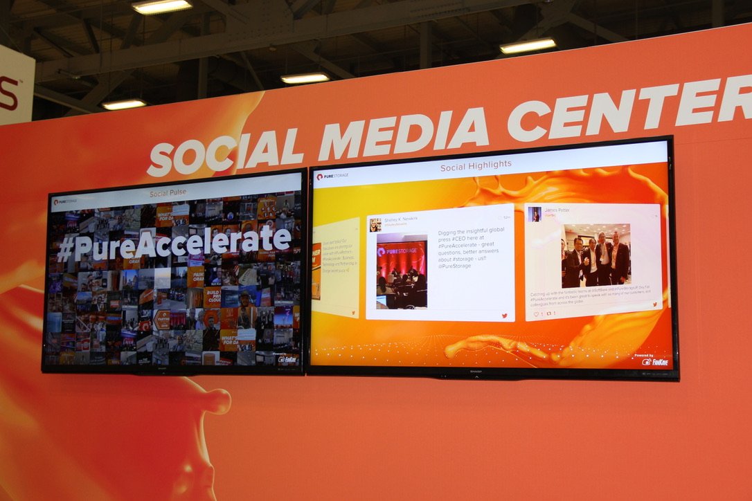 FanKave's tweet photo. First day at #PureAccelerate. FanKave's responsive Social Media Amplification experiences lighting up the LED walls. Who said resolution and screen sizes are barriers to engaging experiences. Thanks for the opportunity @PureStorage #wearefankave https://t.co/8SafsFffRx