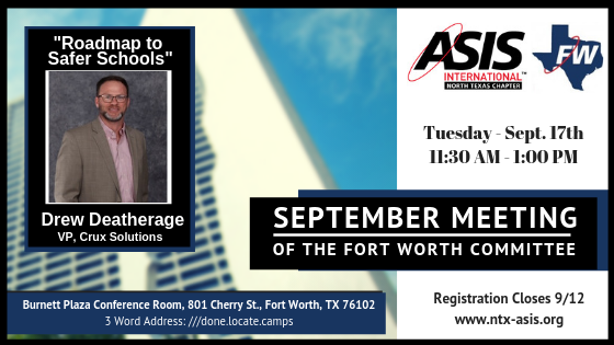 NTXASIS's tweet photo. Are you a Security Professional in the Fort Worth Area?  We're looking forward to seeing you tomorrow at the Fort Worth Committee's September Meeting about the "Roadmap to Safer Schools" by Drew Deatherage. 
https://t.co/bTXuj6xNXk

#SecurityLeaders #NTXASIS #Security #FortWorth https://t.co/PiatNI69rL
