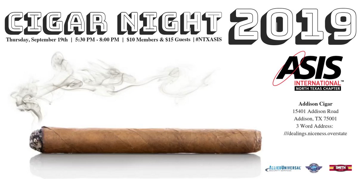 NTXASIS's tweet photo. (9/19) Join us this Thursday for our #CigarNight2019 from 5:30P-8P at the Addison Cigar Club! Don't miss out on this crowd-favorite networking event for #NorthTexas #security professionals! https://t.co/dxdYkcCM08

#NTXASIS #SecurityLeaders https://t.co/IGZ90boE2r