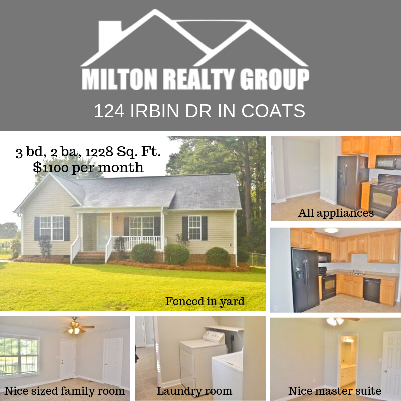 MiltonRealtyLLC's tweet photo. 124 Irbin Dr in Coats is centrally located to downtown. Contact our office for more information 910-814-1012 or visit our website. https://t.co/yDG066RcVG #miltonrealtygroup  #moveinMonday #propertymanagement #newhomeforrent #rentalproperties #CoatsNC #ranchhome #moveinready https://t.co/tlzXsXcdtx