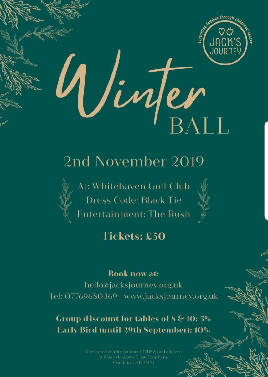 2019 Jack's Journey Winter Ball!
Tickets for sale now!
Promises to be amazing night, with great food, awesome live music and an fantastic guest speaker, get in touch now!
#childhoodcancer #cumbria #fundraiser #blacktie #winterball #emeraldandgold #charity