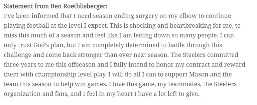 #Pittsburgh @steelers QB Ben Roethlisberger releases a statement...