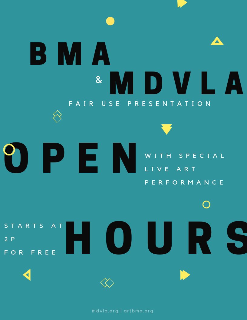 artbma's tweet photo. Ever hear about fair use? This Saturday from 2-4pm, join @MarylandVLA to see the tenets of fair use displayed through live beat-making, a #MightyMark performance, and a workshop on legal issues related to copyright and fair use.

#BMAOpenHours is free! https://t.co/6txKbPyyMe https://t.co/3A6OdI1EbY