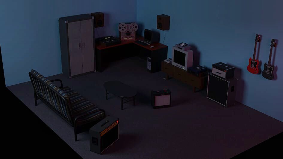 projectaroid's tweet image. Low-polyish concept of a 90s home recording studio. #conceptart #digitalart #Blender3d #3dmodeling #lowpoly