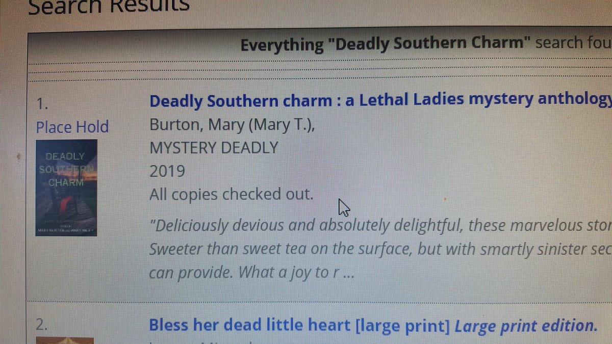 KKMHOO's tweet photo. I just checked my library's listing & all copies of the #mystety anthology, DEADLY SOUTHERN CHARM are checked out!
*happy dance* #amreading #deadlycharm https://t.co/cLcF1VOYEC