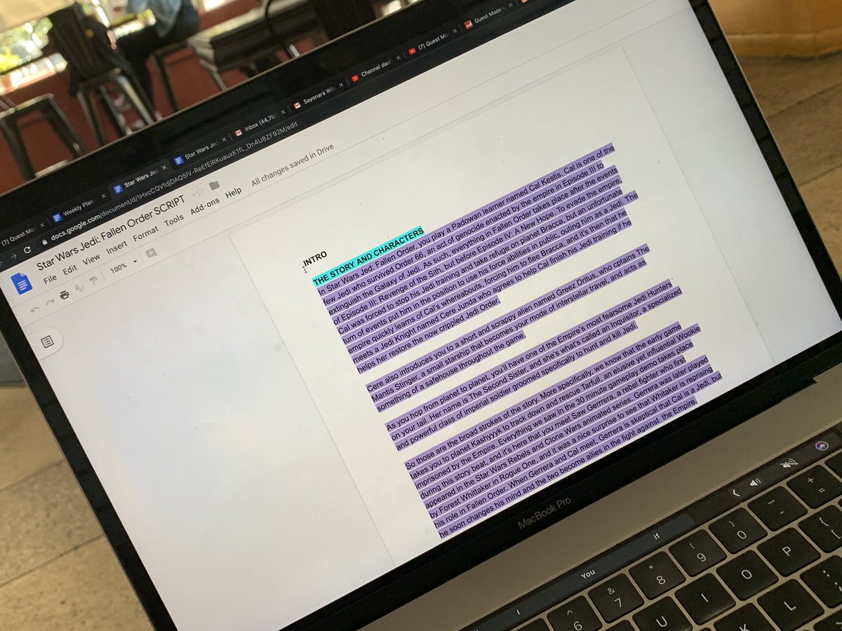 QuestModeGames's tweet image. For my YouTube subscribers who are paying attention, here’s a sneak peek at a WIP script for one of my upcoming videos. Should be another doozy! #QuestMode #StarWarsJediFallenOrder #StarWars