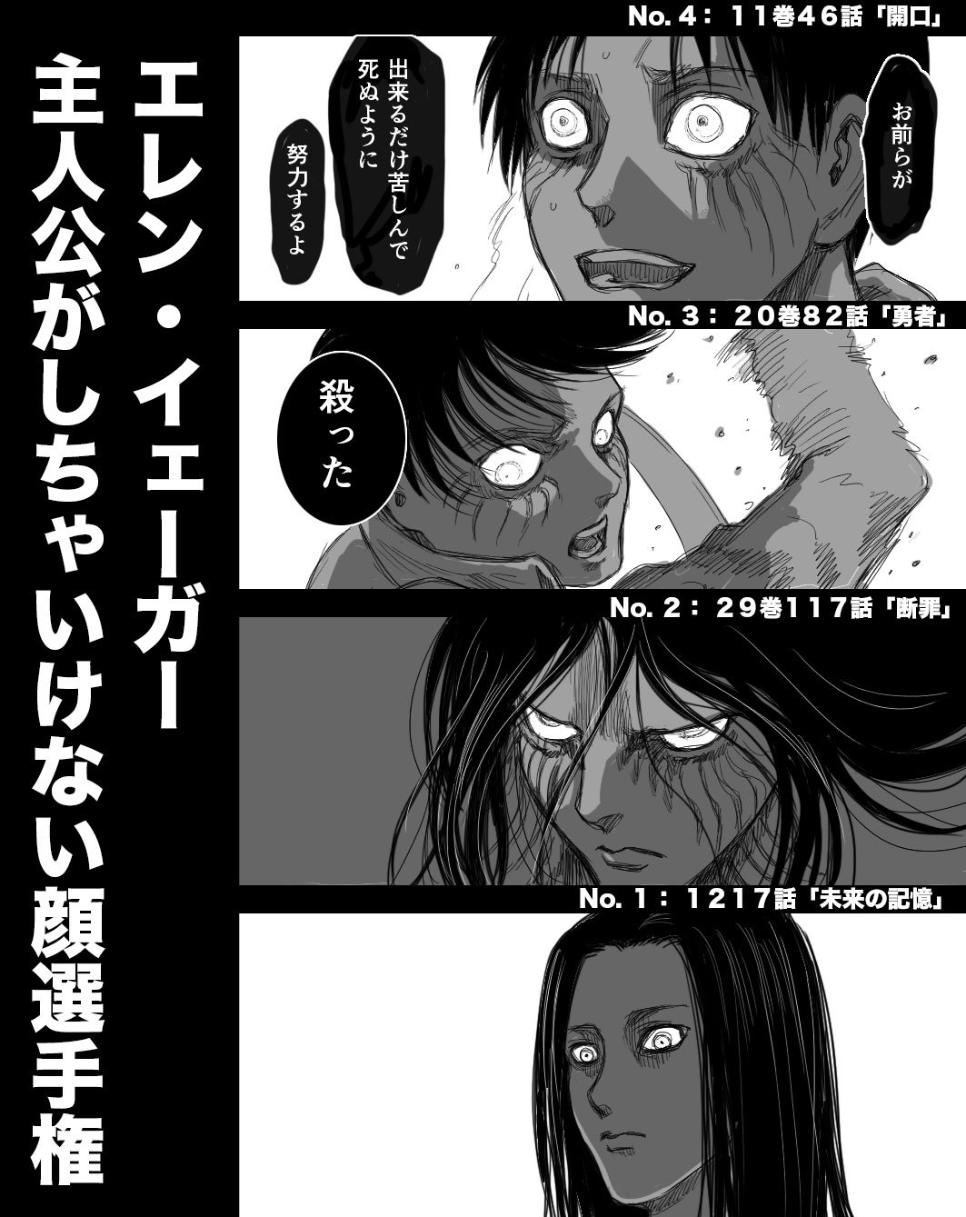 茄子 Ar Twitter ライナーに向かって言った お前らが出来るだけ苦しんで死ぬように のシーンは ライナーはトラウマになって４年間怯えるレベルの恐ろしさでしたが 今思うとまだまだ可愛いですね ２９巻まで読破した方が多い様なので 歴代の恐い顔を違う次元