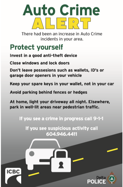 deltapolice's tweet image. Over the past 24 hours there have been 11 thefts from auto in Tsawwassen -  all of the cars were unlocked. We ask residents of Delta to be auto crime alert. Ensure that your vehicles are locked, your windows are closed, and that you do not leave valuables in your vehicle.