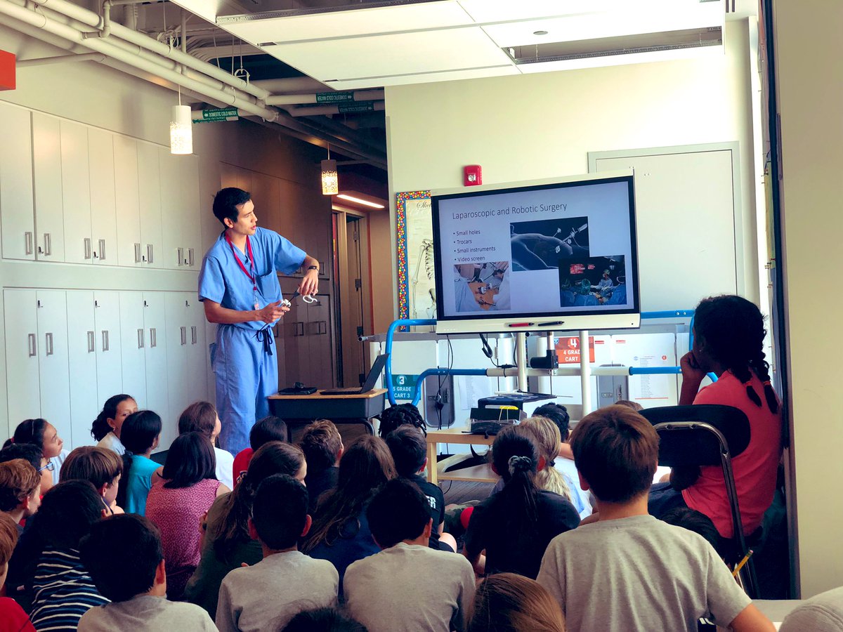 KA_teach's tweet image. Wonderful afternoon learning from one of our 5th Grade parents! Learning about the GI Tract, how body systems are connected, and Laparoscopic surgery. #aislearns #MondayMotivation