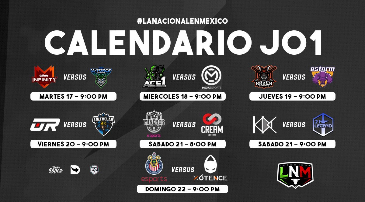 #CALENDARIO

Te presentamos el calendario para esta semana, contaremos con grandes enfrentamientos los cuales nos llenaran de gran emoción y sin duda un gran espectáculo por parte de los equipos.

¡Con esto damos inicio a nuestro segundo split de LNM!🇲🇽

#LaNacionalEnMéxico #LNM