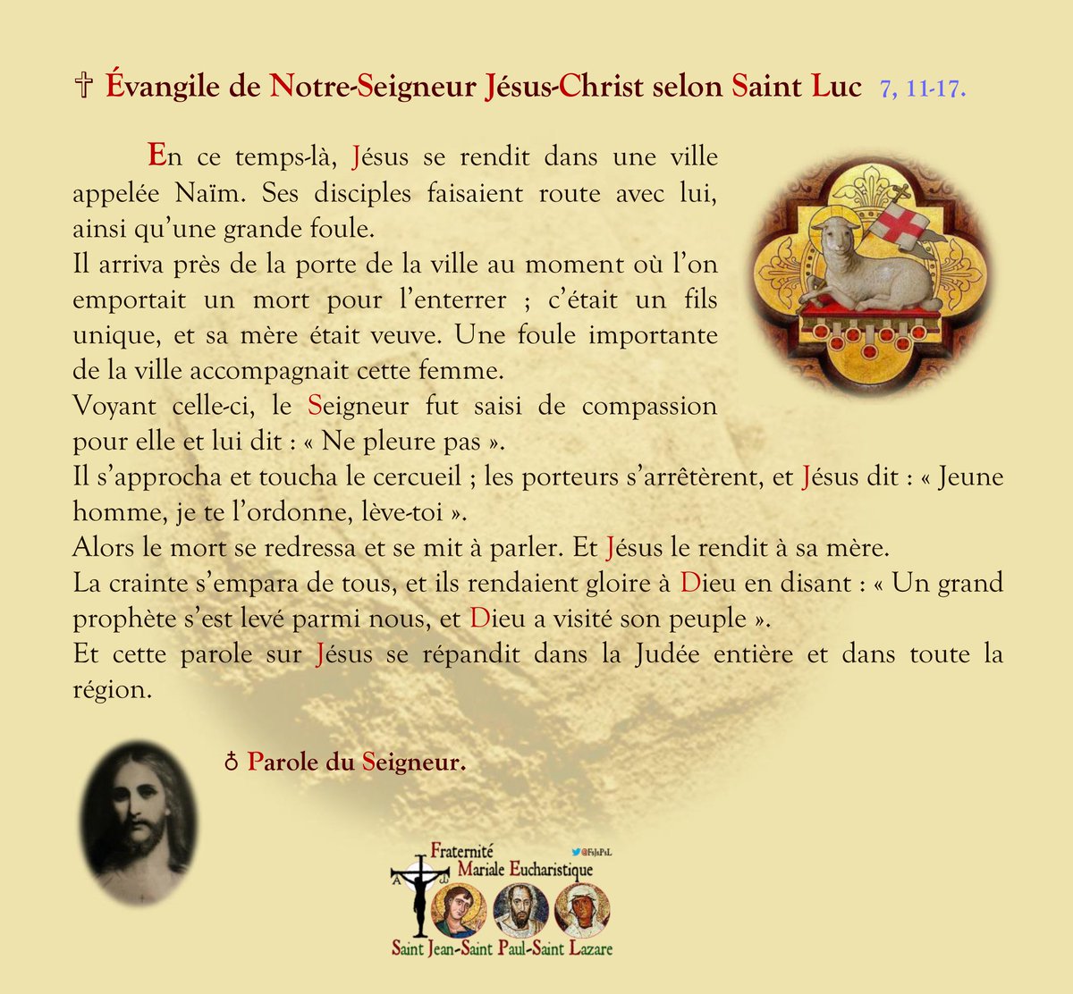 IRFMx's tweet photo. Lâ#Ăvangile du #jour :
« Il sâ#approcha et #toucha le #cercueil ; les #porteurs sâ#arrĂȘtĂšrent, et #JĂ©sus dit : â#Jeune #homme, je te lâ#ordonne, #lĂšve-toiâ.
Alors le #mort se #redressa et se #mit à #parler. Et Jésus le #rendit à sa #mÚre ». https://t.co/JezBOR4v3h