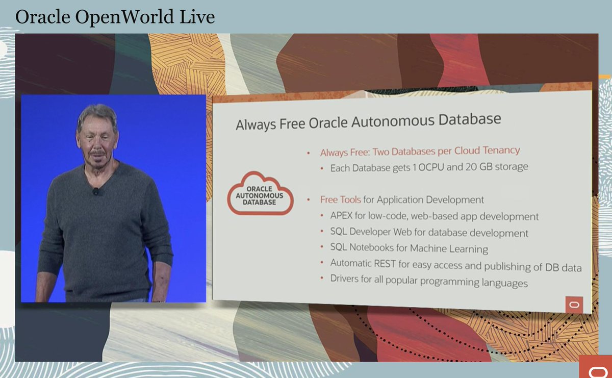 First time in my career that @OracleAPEX was mentioned in @LarryEllison's keynote at @OracleOpenWorld. And it's part of the announcement of the forever free @Oracle Cloud service & Autonomous @OracleDatabase. What a great time to be alive! #orclapex #LowCode #MOCA