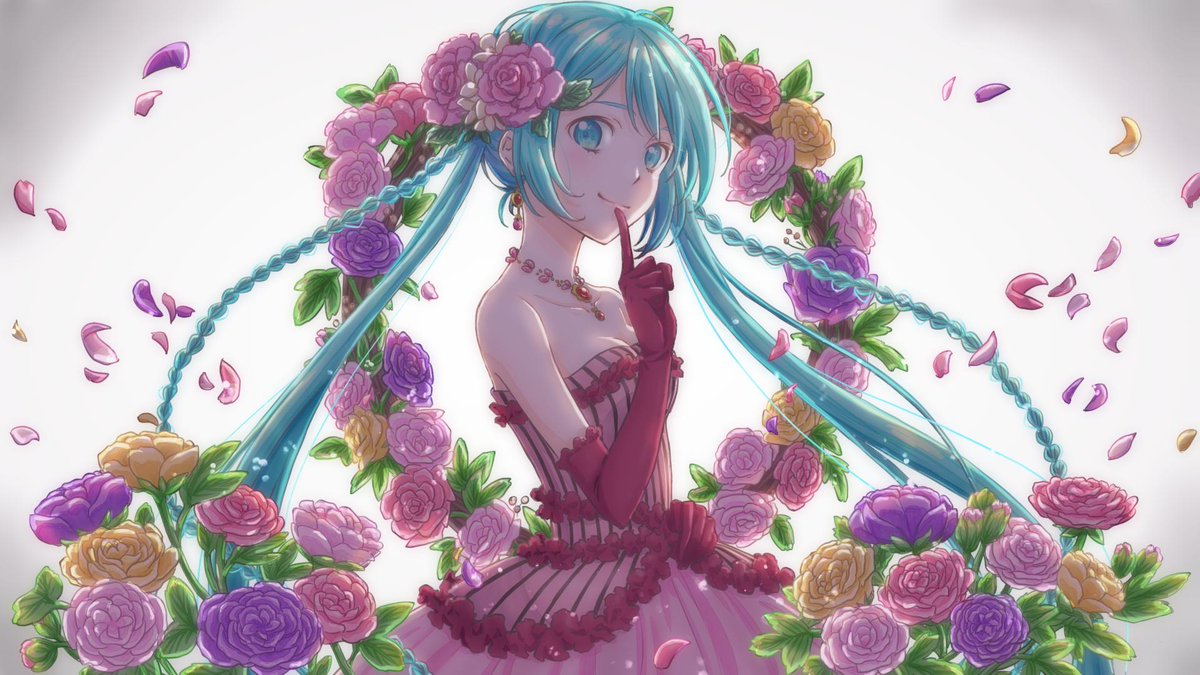 初音ミク 「木倉たまさんの、カラフルな花に囲まれたミクさん!!豪華なドレス、髪型を少しアレン」|piapro(ピアプロ)のイラスト