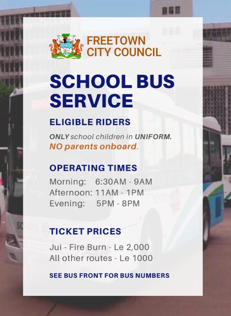 yakisawyerr's tweet photo. FCC to do final test run of School Buses on Tues 17/9 with school children. Please find attached information on bus ticket prices, bus routes, bus operating times and eligible riders for the #FreetownSchoolBusService #FreeQualityEducation #TransformFreetown https://t.co/iaEwuFD4MC