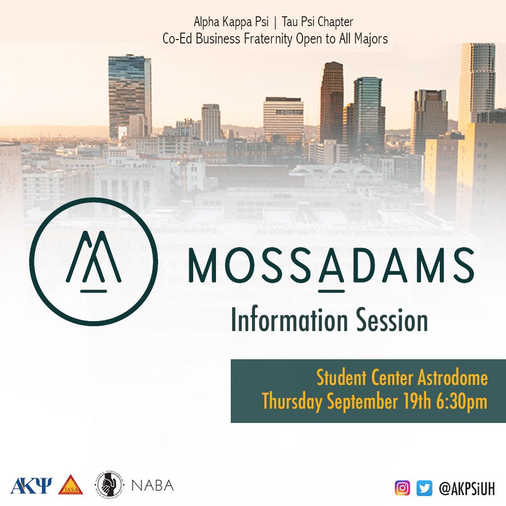 akpsiuh's tweet photo. Looking for an accounting internship? This event is for you. Come learn more about opportunities with Moss Adams with us, @UH_NABA &amp; @UHIASA ! https://t.co/OQyIyROowF