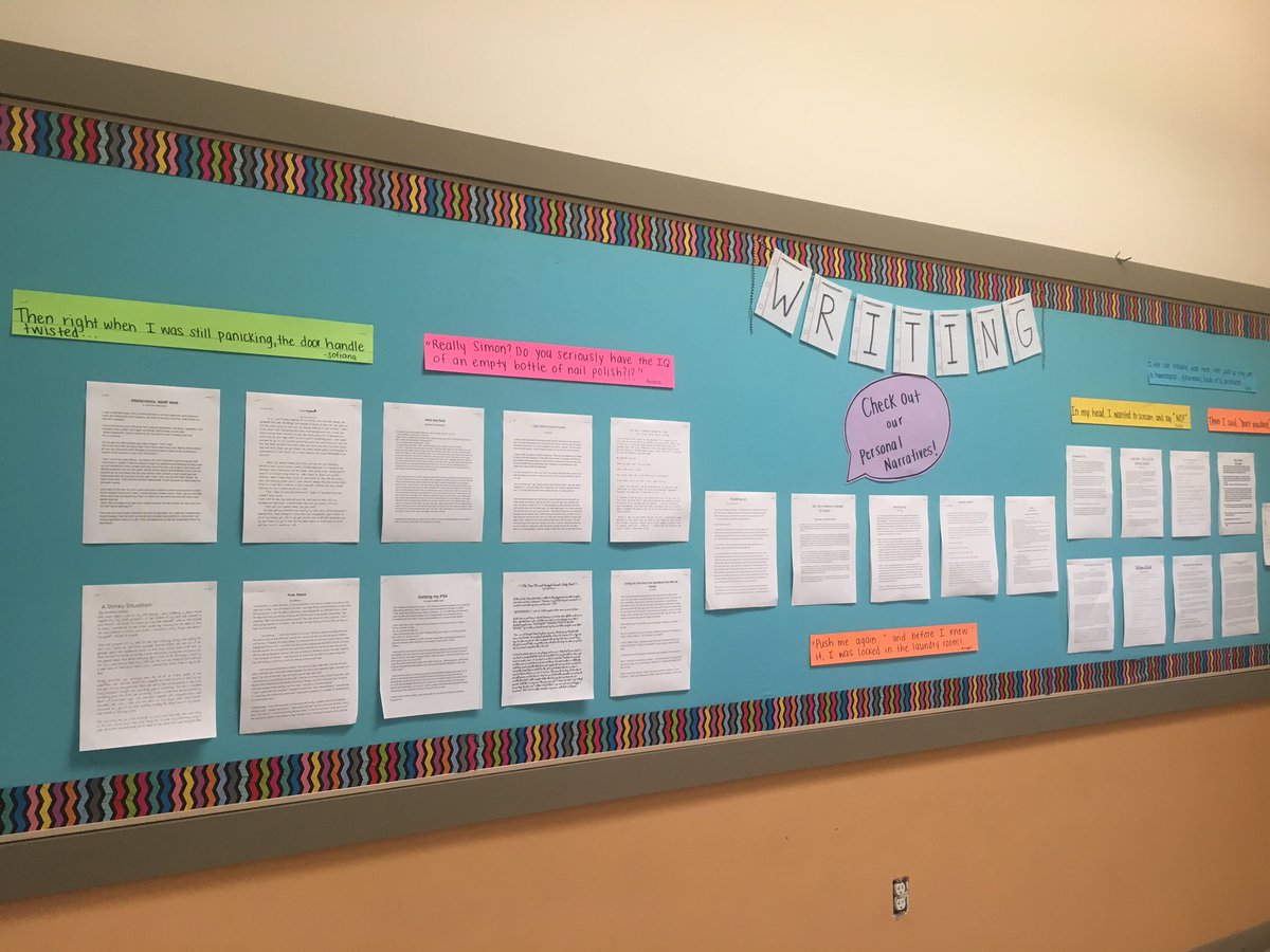 EmmaBemowski's tweet photo. I’m seriously obsessed with this 5th grade writing wall @ThinkCollegeNow . The teacher pulled out some of her favorite lines from their narratives and revealed them at the end of unit celebration. #tcrwp https://t.co/SkdMJaExBs