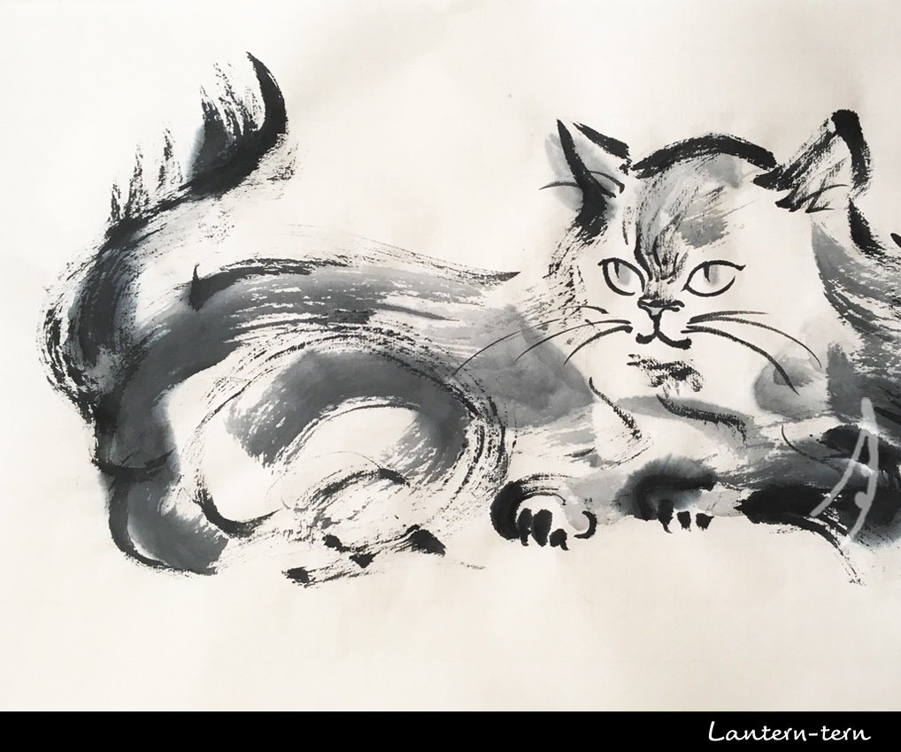 月田エミ 墨ねこ 墨いぬ 墨画の犬猫 シリーズ にらみネコ ネコは 怒っているようなコワイ顔をしていても 意外に上機嫌だったりしますよね 猫イラスト 墨絵