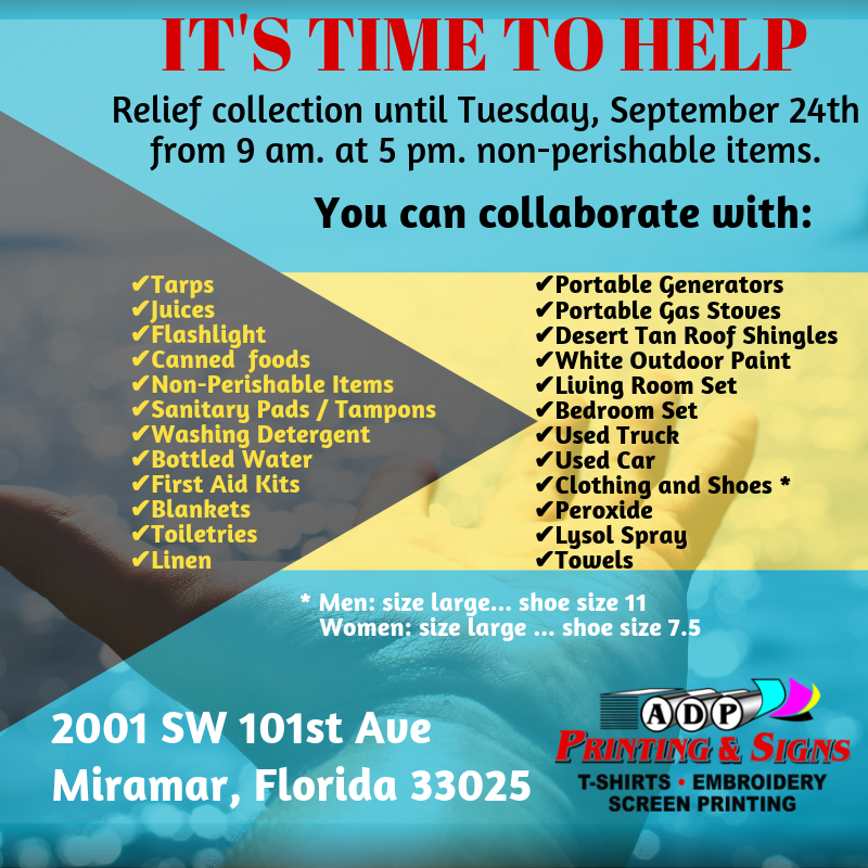 adpprinting's tweet photo. Friends of Toastmasters Hurricane Dorian relief efforts.
They are immediate needs! 👇
Accepting donations: September 10th - 24th, 2019

#ToastmasterwithBahamas
#HurricaneDorian
#FriendsToastmaster https://t.co/DEnvcnhmR0