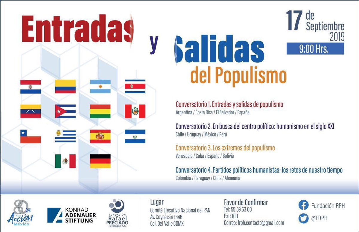 AccionNacional's tweet photo. Mañana, como parte de las celebraciones de los #80AñosPAN, los esperamos en el Foro "Entradas y salidas del populismo", organizado por @FRPH y que se llevará a cabo en el #CEN del #PAN a partir de las 9:00 am. @Tigre_Aguilar_C https://t.co/O024P11CU0
