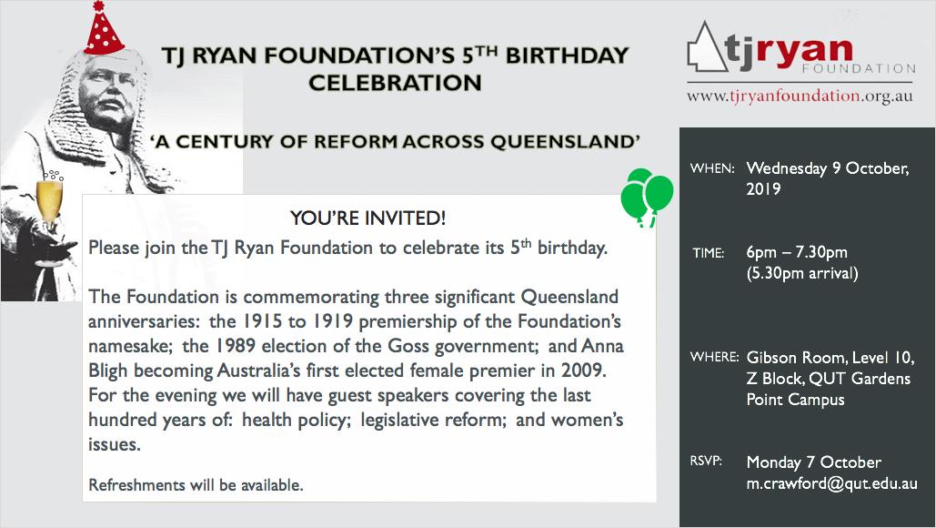 Join the TJ Ryan Foundation in Brisbane on 9 October for an early evening event to mark our fifth birthday!